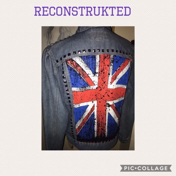 Up-Cycled Union Jack Denim Jacket W/Peace Patch & Silver Studs~Moto Style~Med/La - Picture 6 of 6